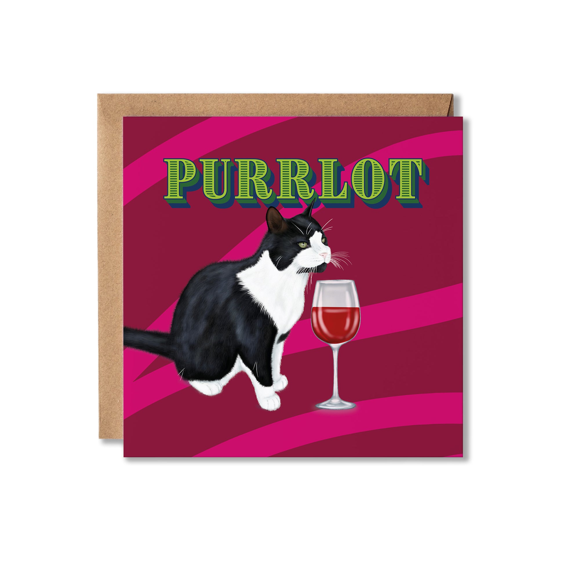 A square greeting card with a kraft envelope, featuring a black and white cat next to a glass of red wine on a magenta striped background with the word 'PURRLOT' in green letters.