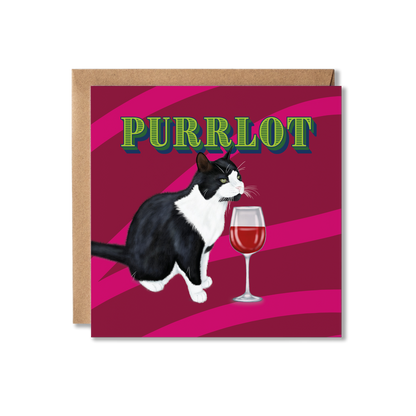 Card with a cat and wine glass illustration and 'PURRLOT' text on a crimson background