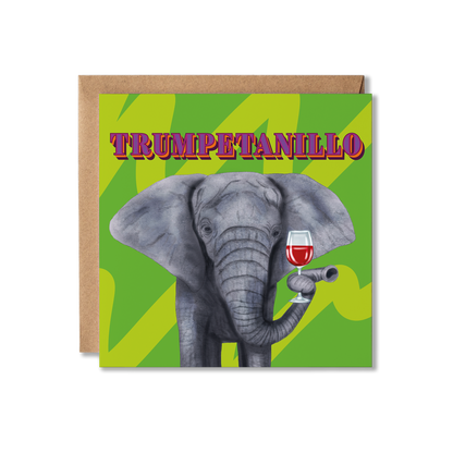 Card with an elephant holding a wine glass and the text 'Trumpetanillo' on a green background.
