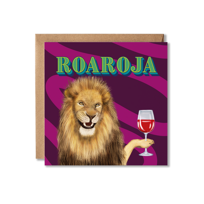 Card with a lion holding a glass of red wine against a purple striped background, featuring the text 'ROAROJA'.