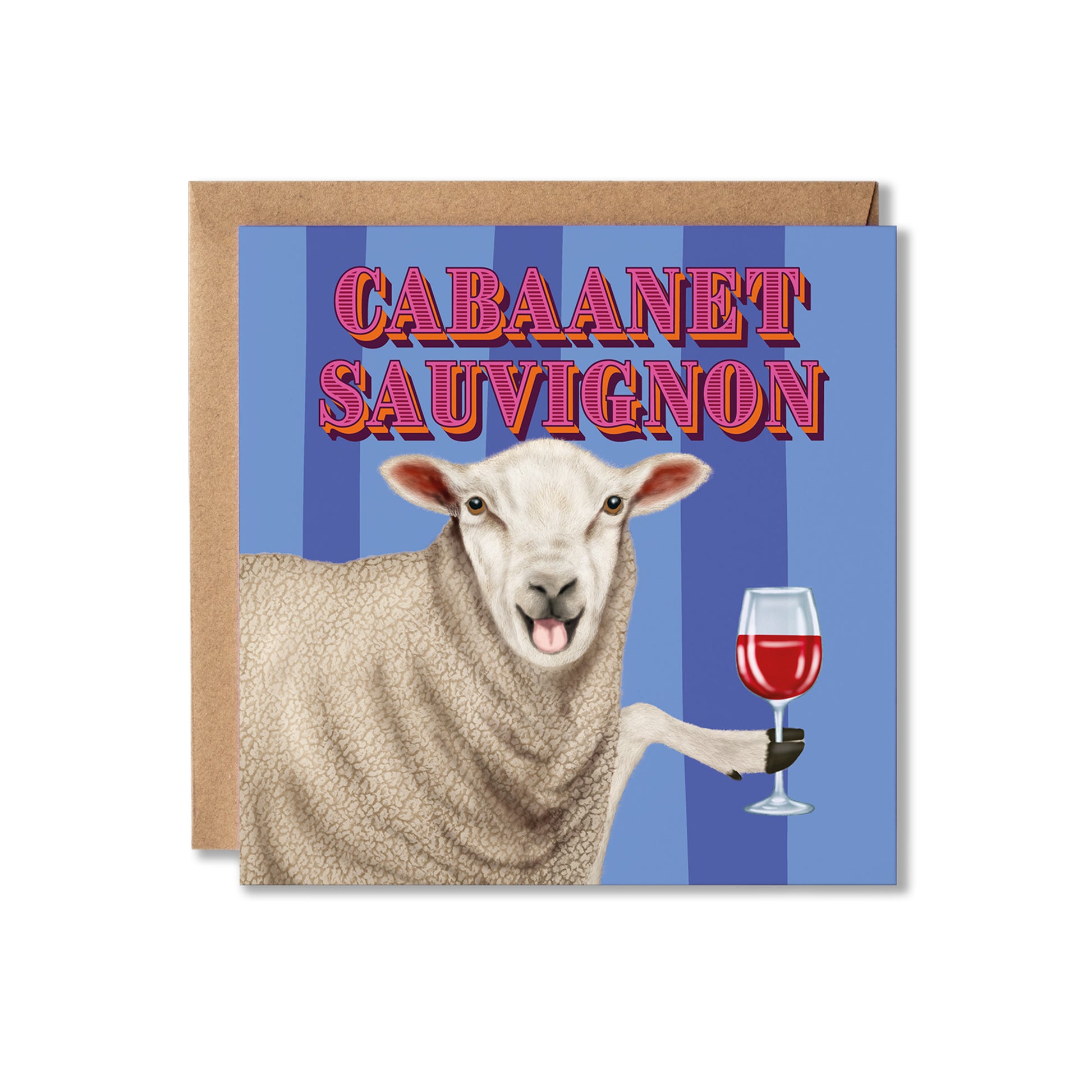Square Greeting Card with a sheep holding a wine glass and 'Cabaanet Sauvignon' text on a purple striped background