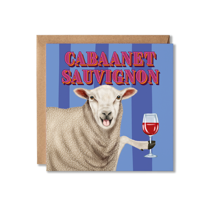 Card with a sheep holding a wine glass and 'Cabaanet Sauvignon' text on a purple striped background