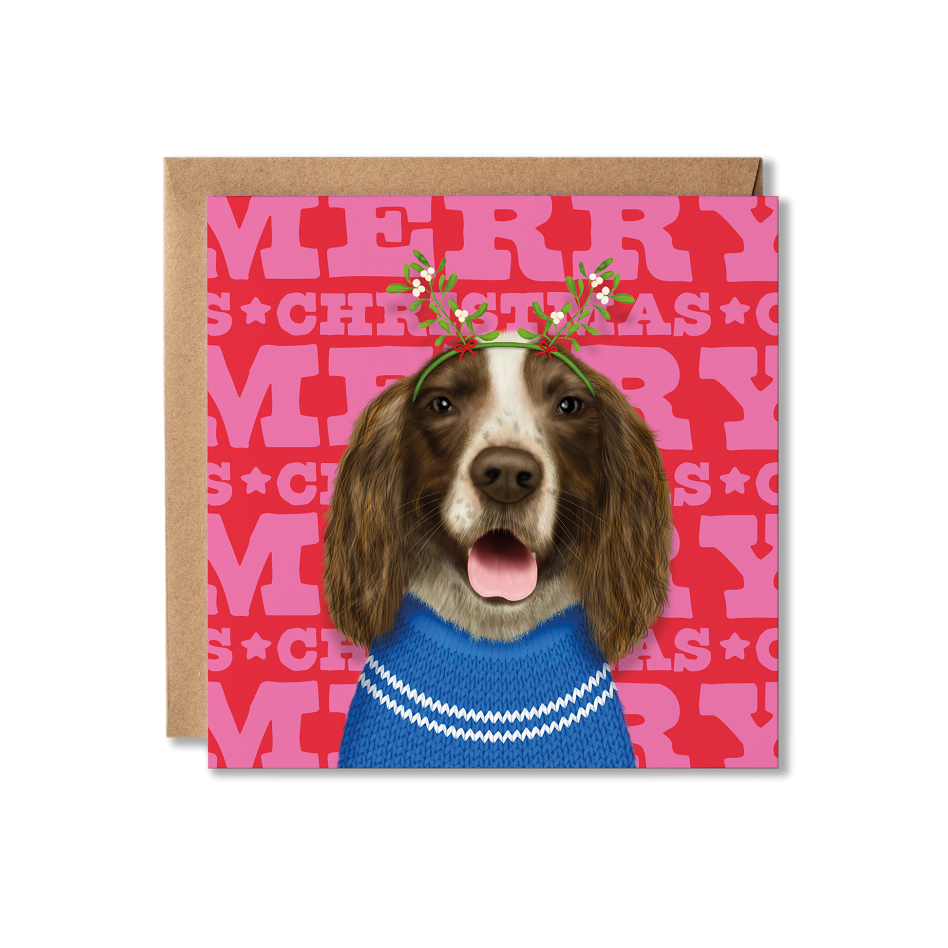 A brown and white Spaniel dog in a Christmas jumper with a colourful Merry Christmas background. 