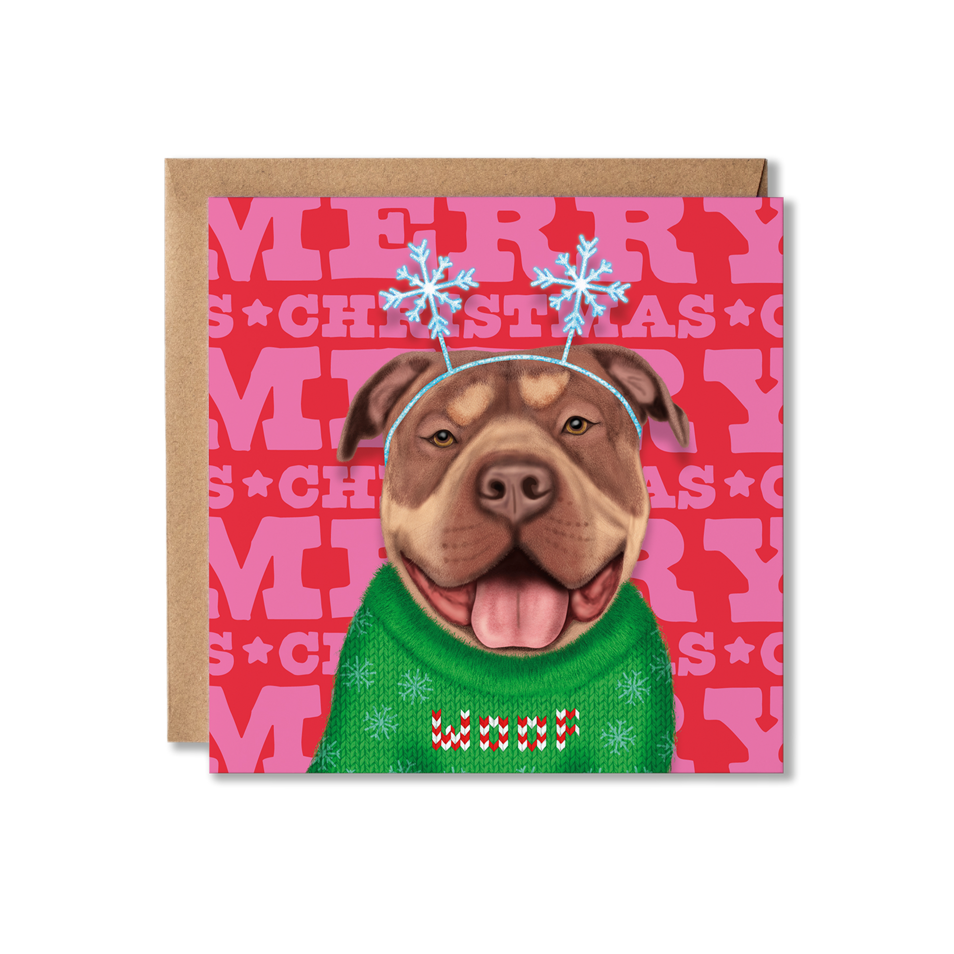 A XL Bully dog in a Christmas jumper and snowflake bobble headband with a colourful Merry Christmas background