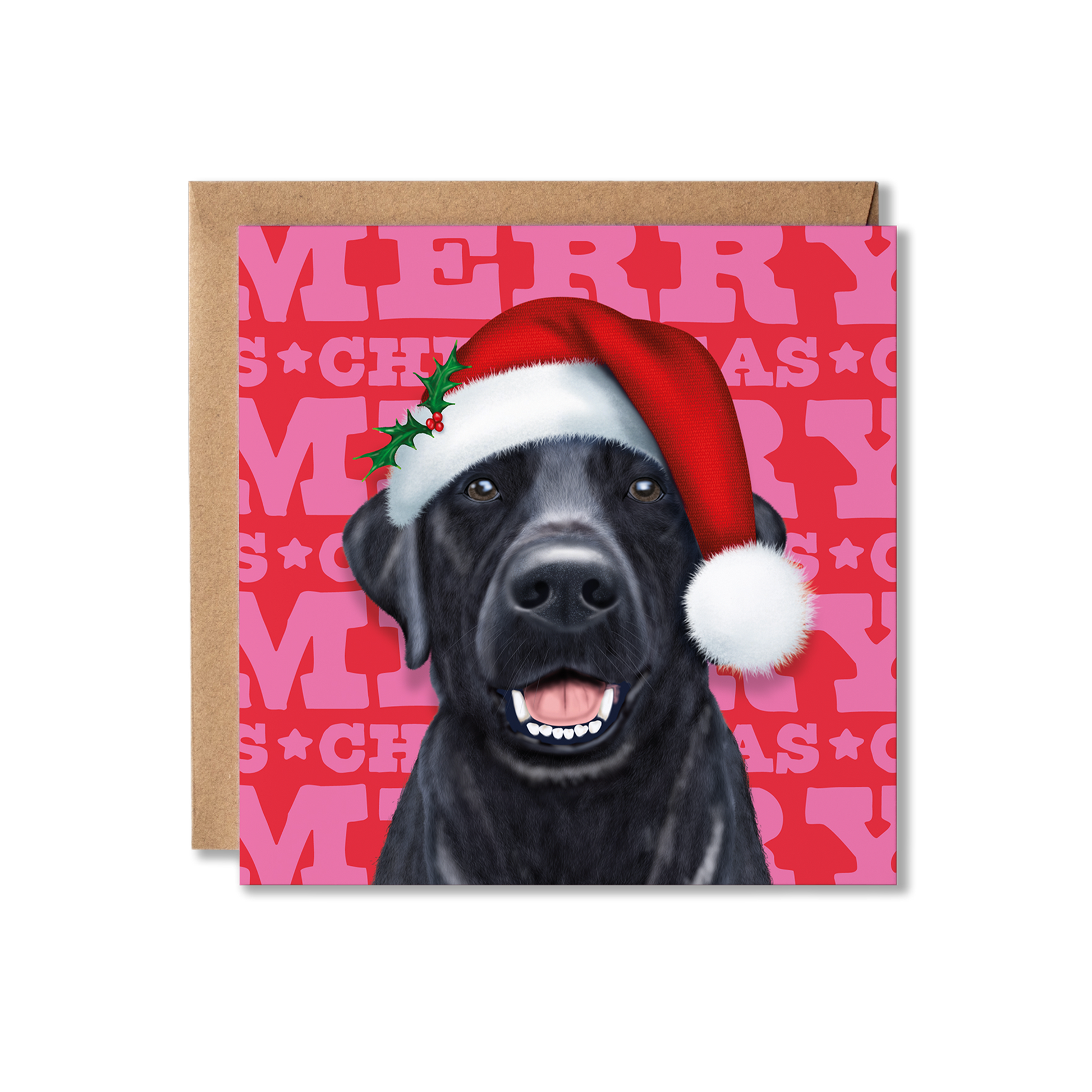 A black Labrador dog in a Santa hat with a colourful Merry Christmas background