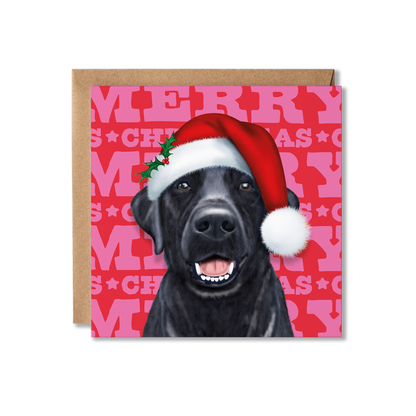 A black Labrador dog in a Santa hat with a colourful Merry Christmas background