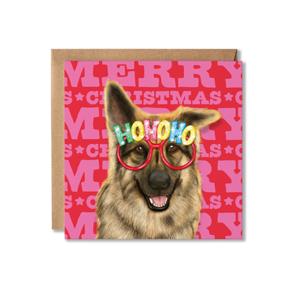 A German Shepherd dog in a Christmas HO HO HO glasses with a colourful Merry Christmas background
