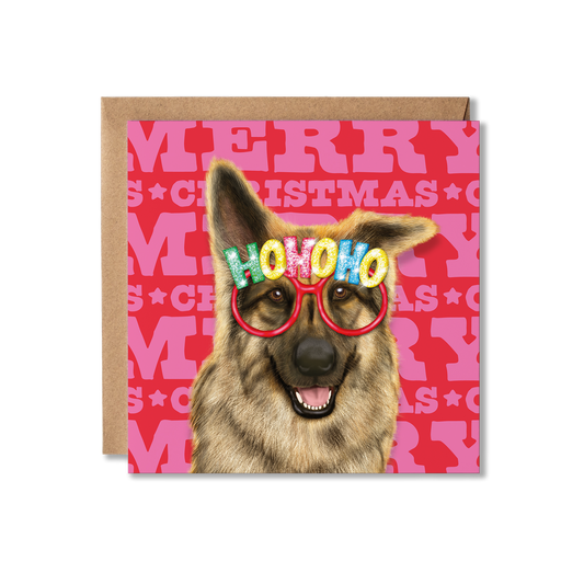 A German Shepherd dog in a Christmas HO HO HO glasses with a colourful Merry Christmas background