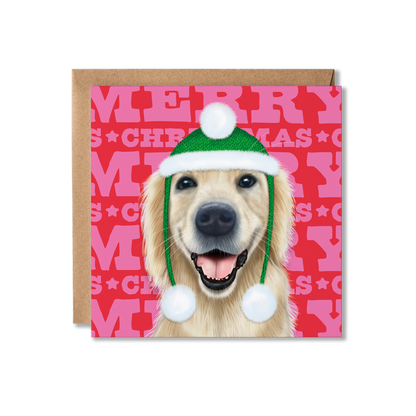 A Golden Retriever dog in a green and white bobbler hat with a colourful Merry Christmas background