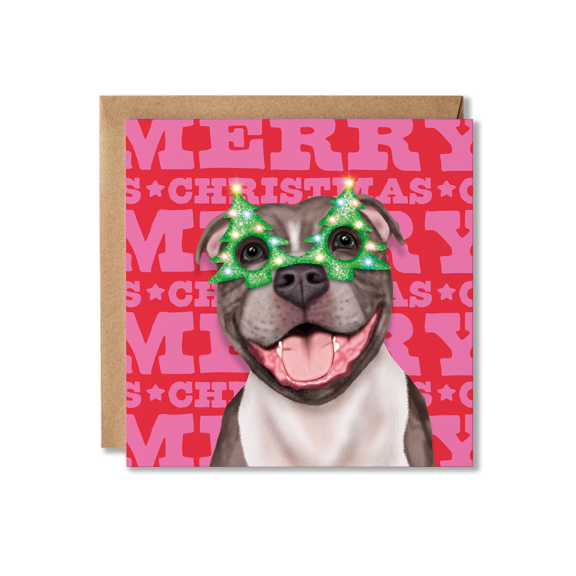 A Staffordshire Bull Terrier dog in a Christmas tree glasses with a colourful Merry Christmas background
