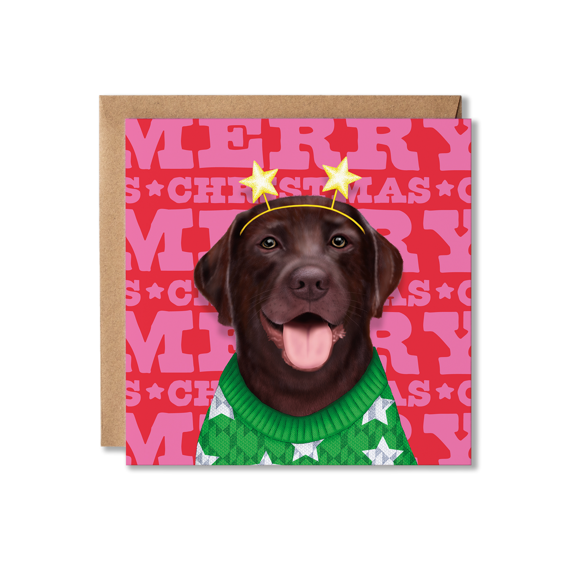 A chocolate Labrador in a green Christmas jumper with a star headband and Merry Christmas background