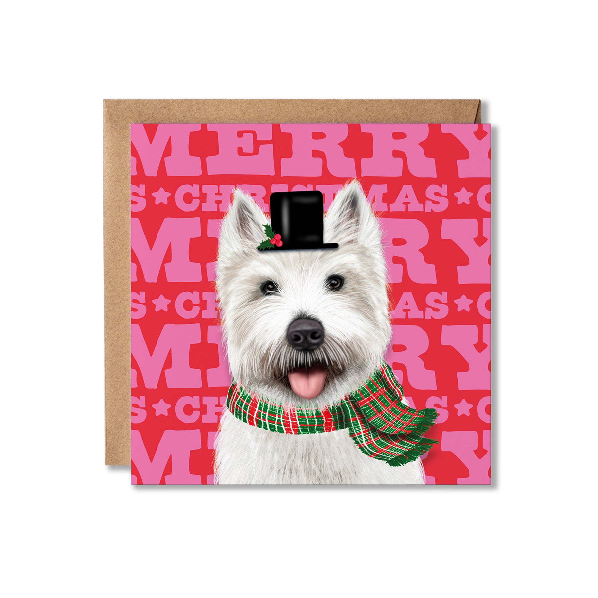 A square Christmas greeting card featuring a white West Highland terrier dog wearing a black top hat and a red, green, and yellow plaid scarf, set against a bright pink background with 'MERRY CHRISTMAS' text. A brown kraft envelope is placed behind the card on a white background.