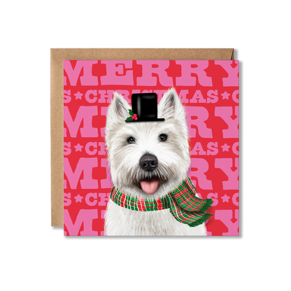 A Westie dog in a snowman top hat and tartan scarf with a colourful Merry Christmas background