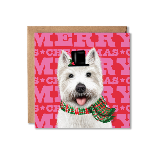 A Westie dog in a snowman top hat and tartan scarf with a colourful Merry Christmas background