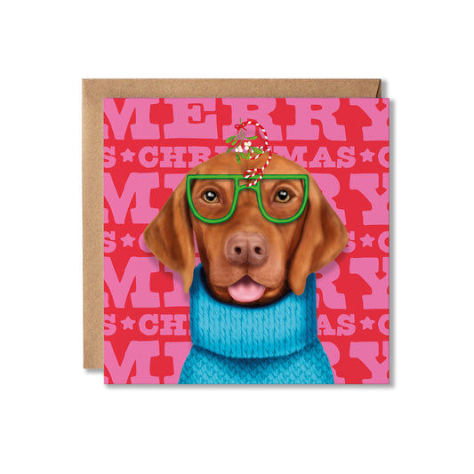 A square Christmas greeting card featuring a brown dog wearing green glasses, a blue knit sweater, and a candy cane on its head, set against a pink patterned background with the words 'MERRY CHRISTMAS.' A kraft envelope is placed behind the card on a white background.