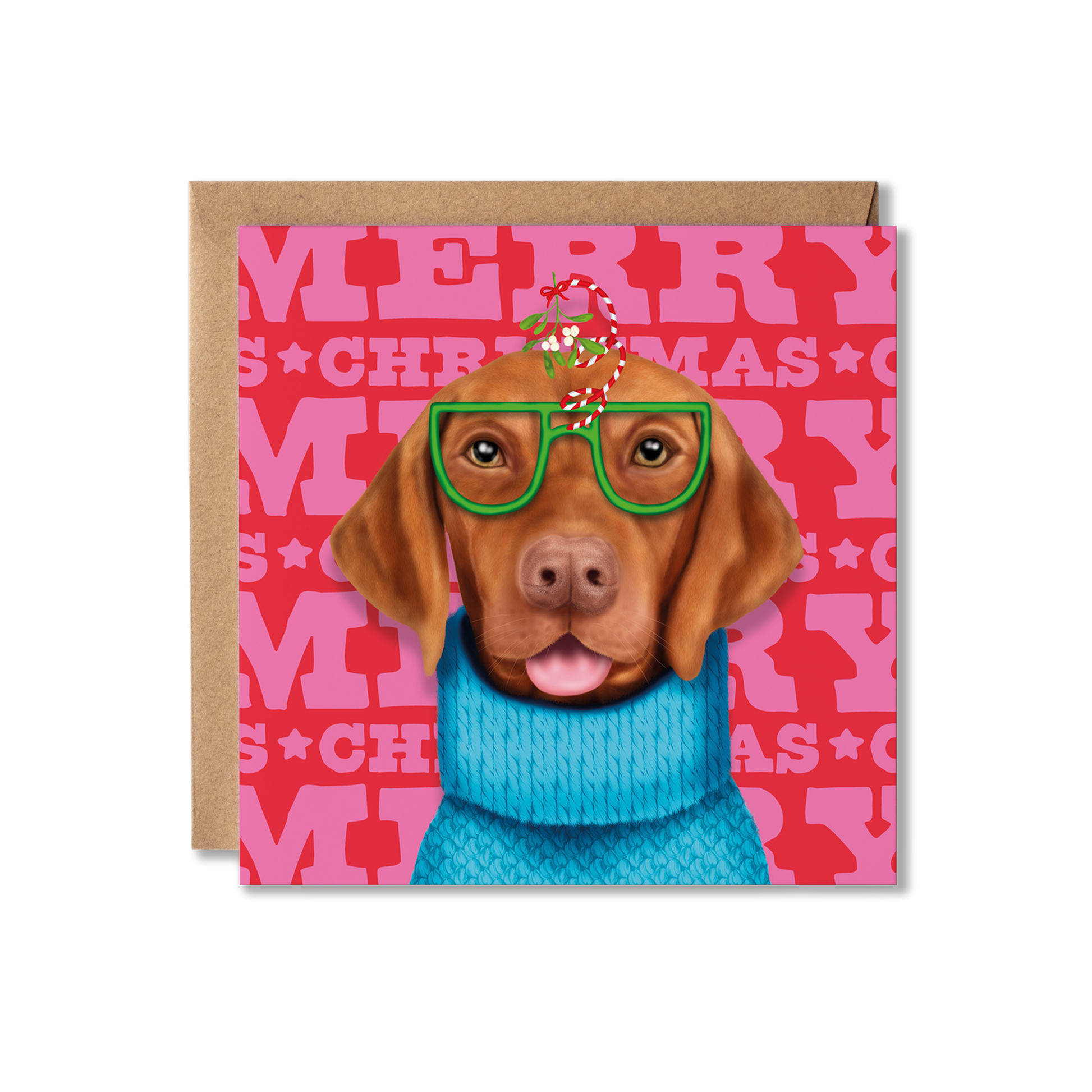  Hungarian Vizsla dog in a blue jumper and mistletoe glasses with a colourful Merry Christmas background