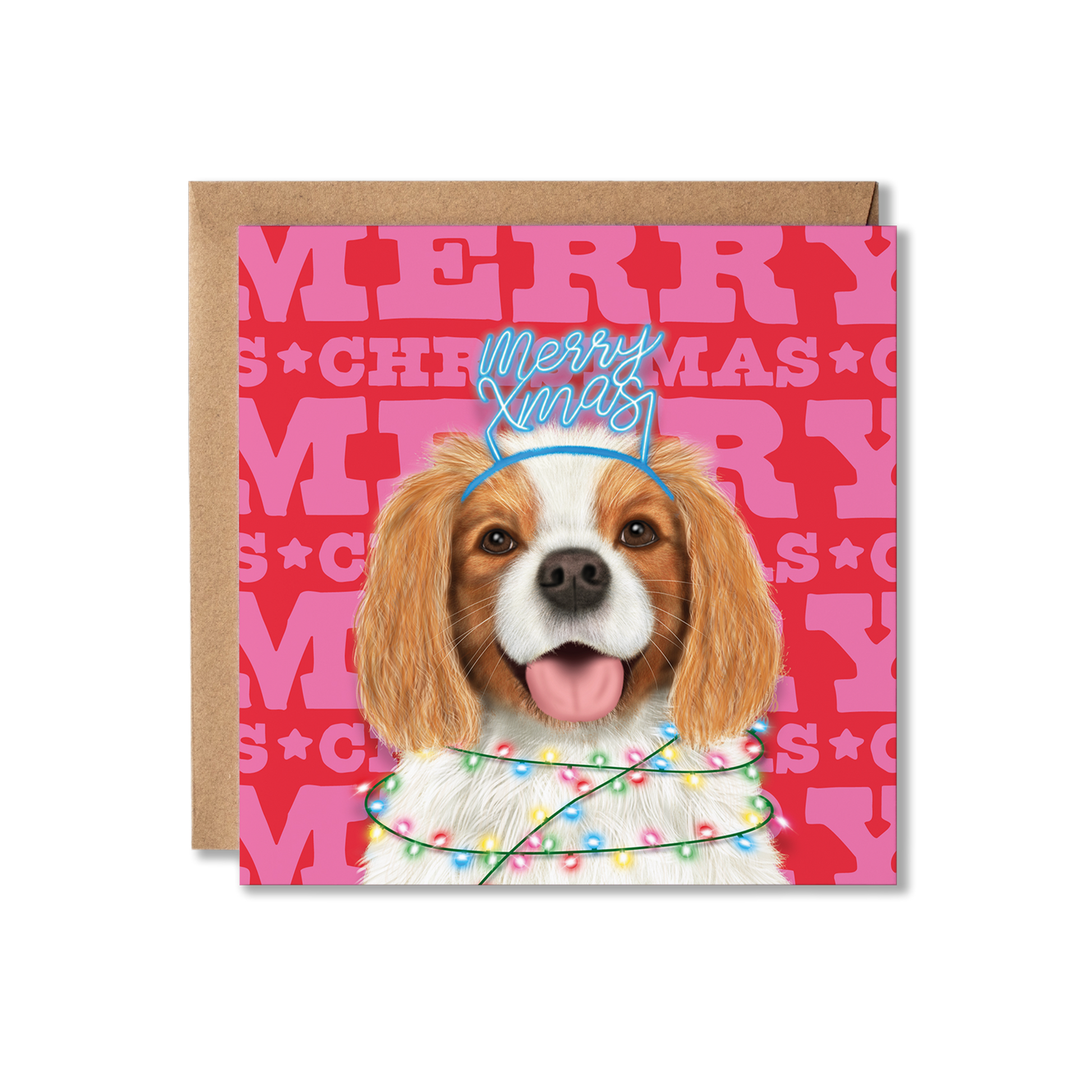 A King Charles Spaniel dog in a Merry Xmas headband and wrapped in Christmas lights with a colourful Merry Christmas background