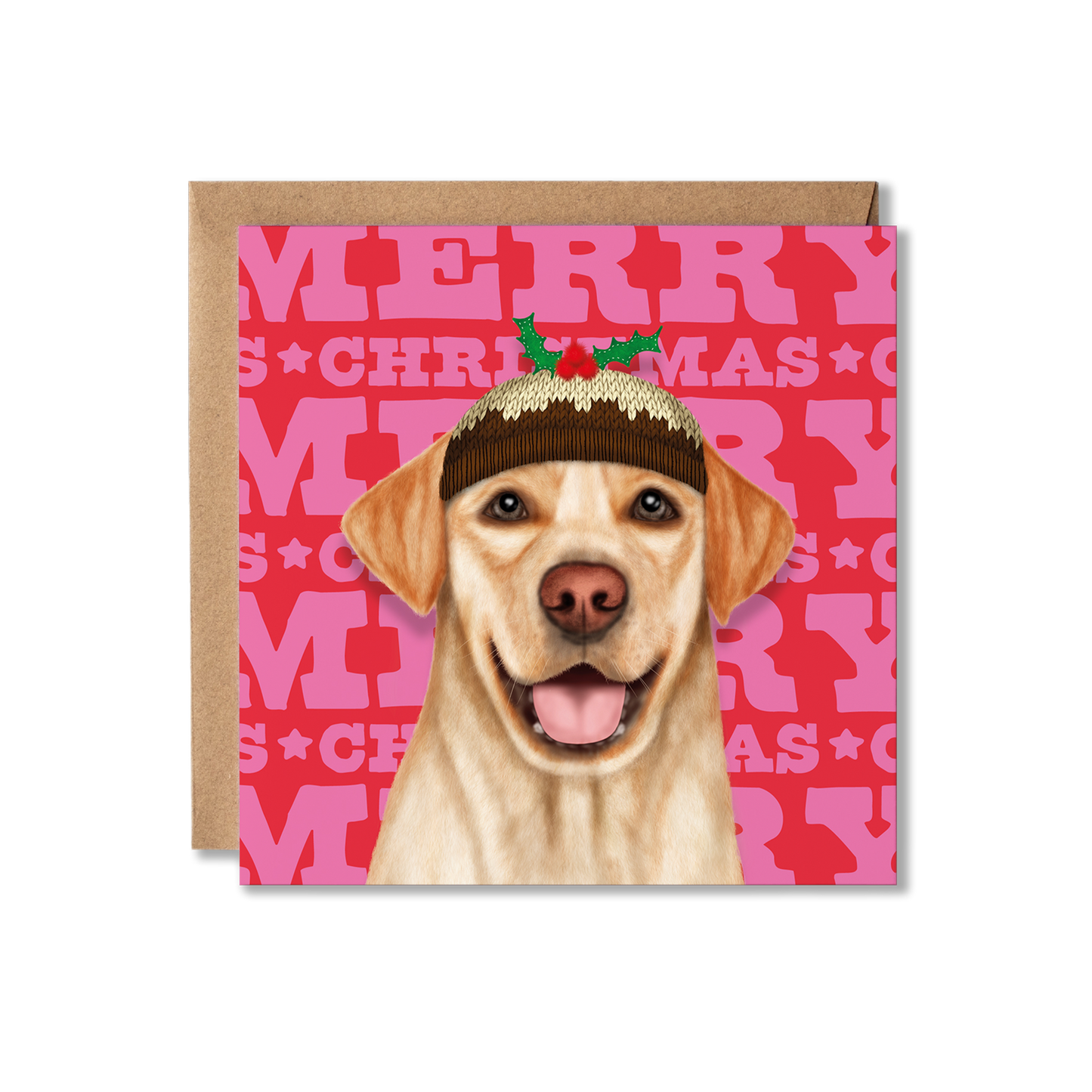 A yellow Labrador dog in a Christmas pudding hat with a colourful Merry Christmas background