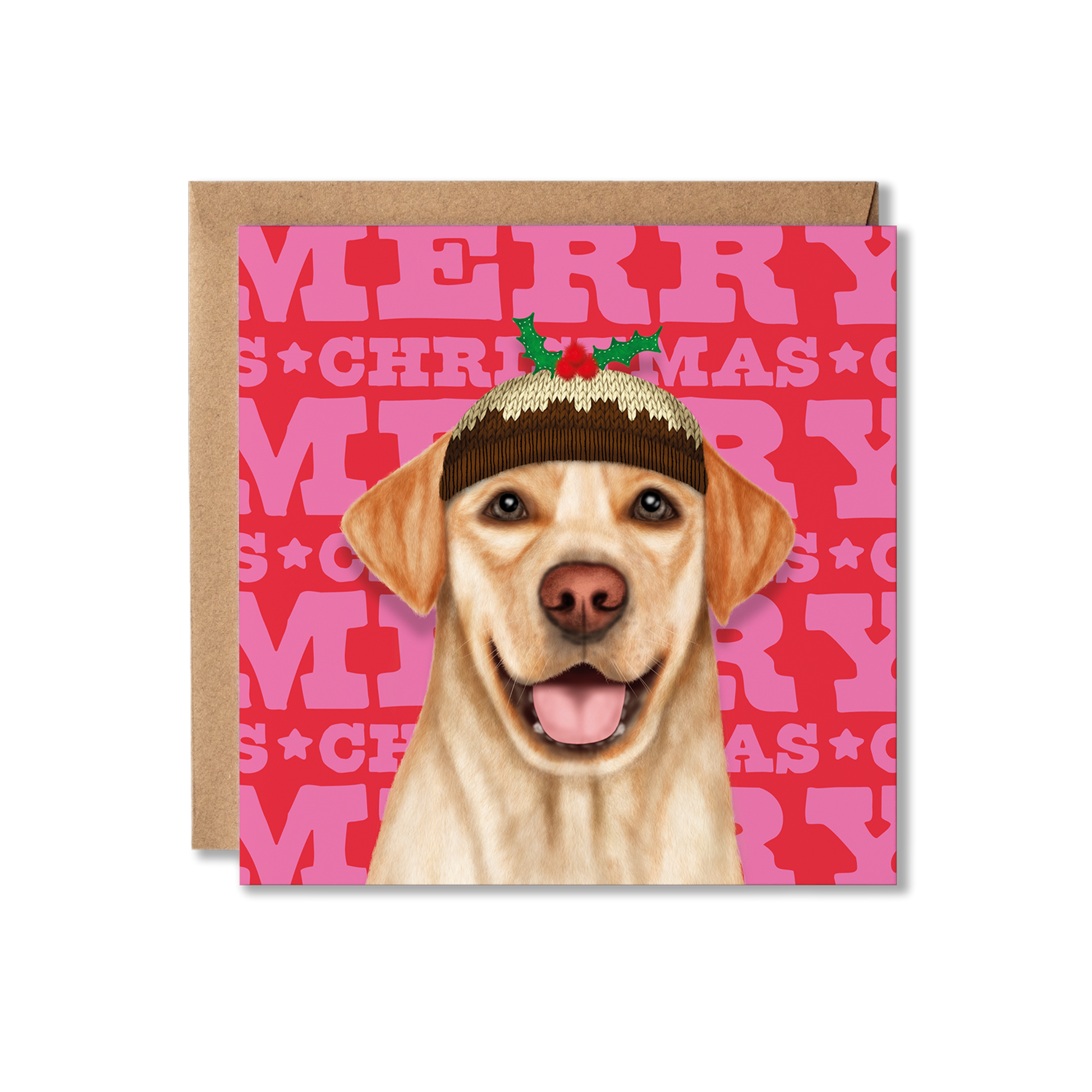 A yellow Labrador dog in a Christmas pudding hat with a colourful Merry Christmas background