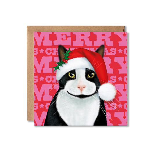 A square greeting card featuring a black-and-white cat wearing a red Santa hat on a red and pink Merry Christmas background, with a brown kraft envelope behind it on a white background.
