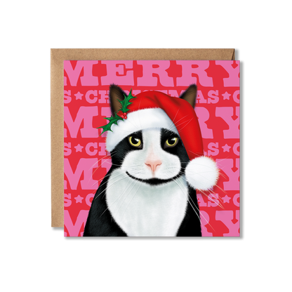 A Tuxedo black and white Cat in a Santa hat with a colourful Merry Christmas background