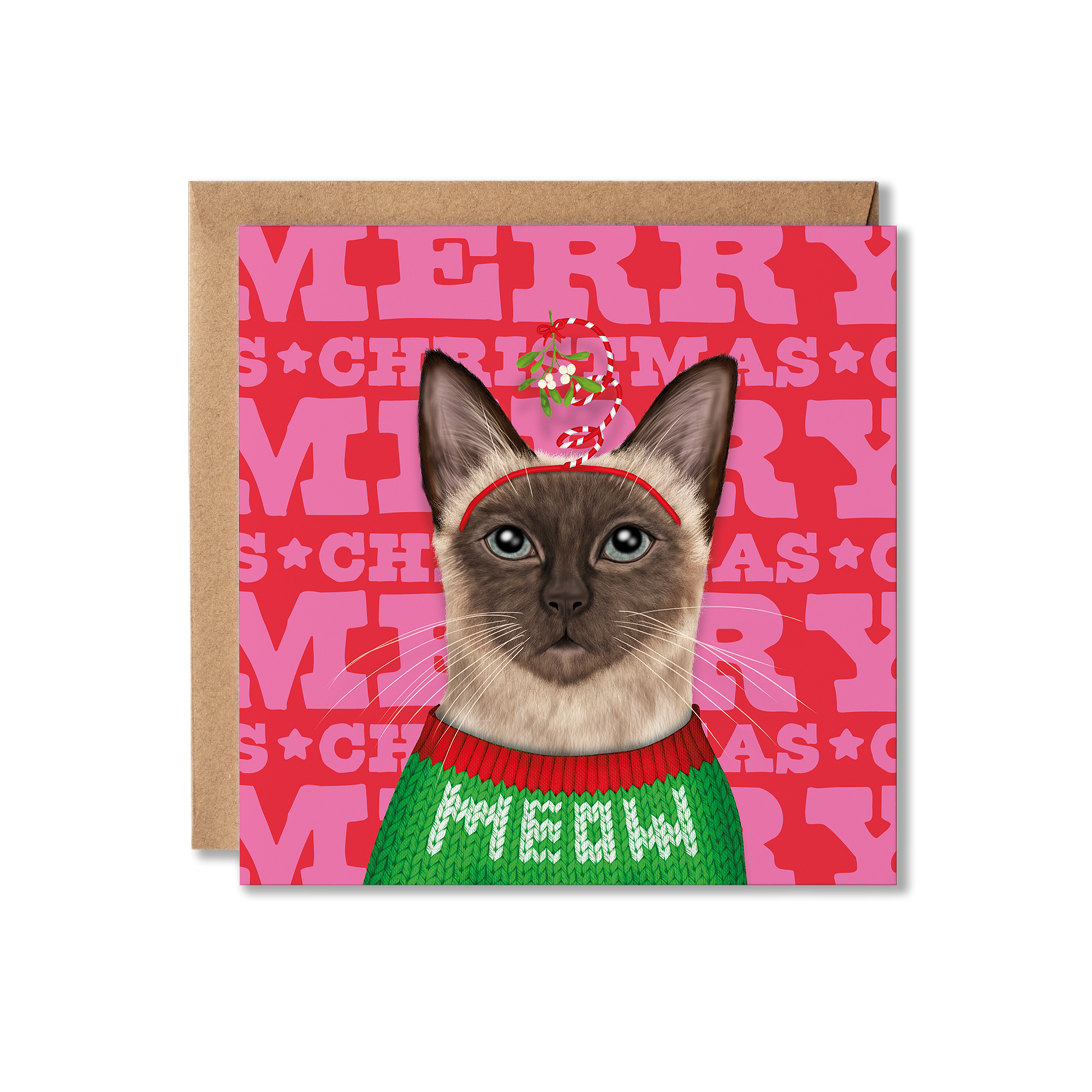 Greeting card with a Siamese cat wearing a Christmas sweater on a pink 'Merry Christmas' background