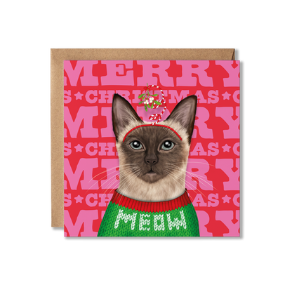 Greeting card with a Siamese cat wearing a Christmas sweater on a pink 'Merry Christmas' background