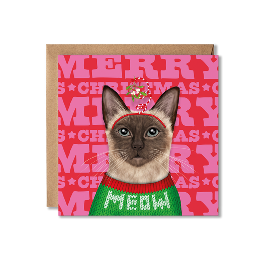 Greeting card with a Siamese cat wearing a Christmas sweater on a pink 'Merry Christmas' background