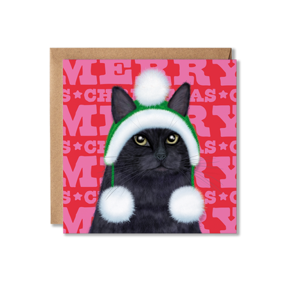A black Cat in a green knitted hat and white fluffy balls with a colourful Merry Christmas background