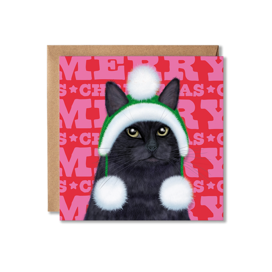 A black Cat in a green knitted hat and white fluffy balls with a colourful Merry Christmas background