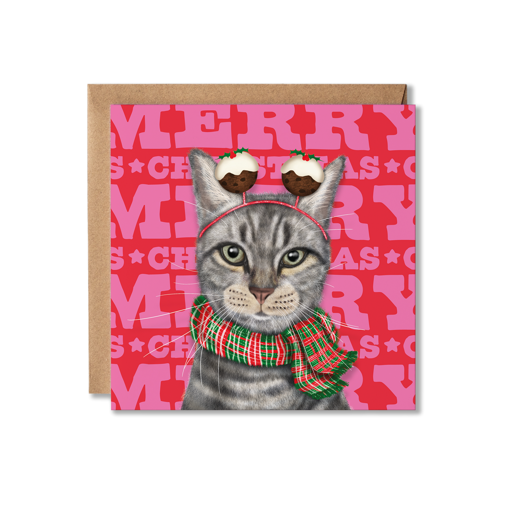 A grey tabby cat with a red and green tartan scarf and Christmas pudding bobblers with a colourful Merry Christmas background