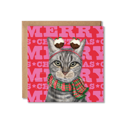 A grey tabby cat with a red and green tartan scarf and Christmas pudding bobblers with a colourful Merry Christmas background