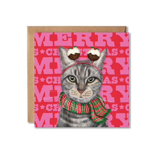 A grey tabby cat with a red and green tartan scarf and Christmas pudding bobblers with a colourful Merry Christmas background