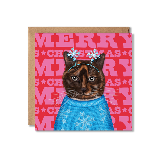 A Tortoise shell cat with a blue snowflake knitted jumper and snowflake headband with a colourful Merry Christmas background