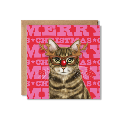 A brown tabby cat wearing reindeer glasses with a colourful Merry Christmas background