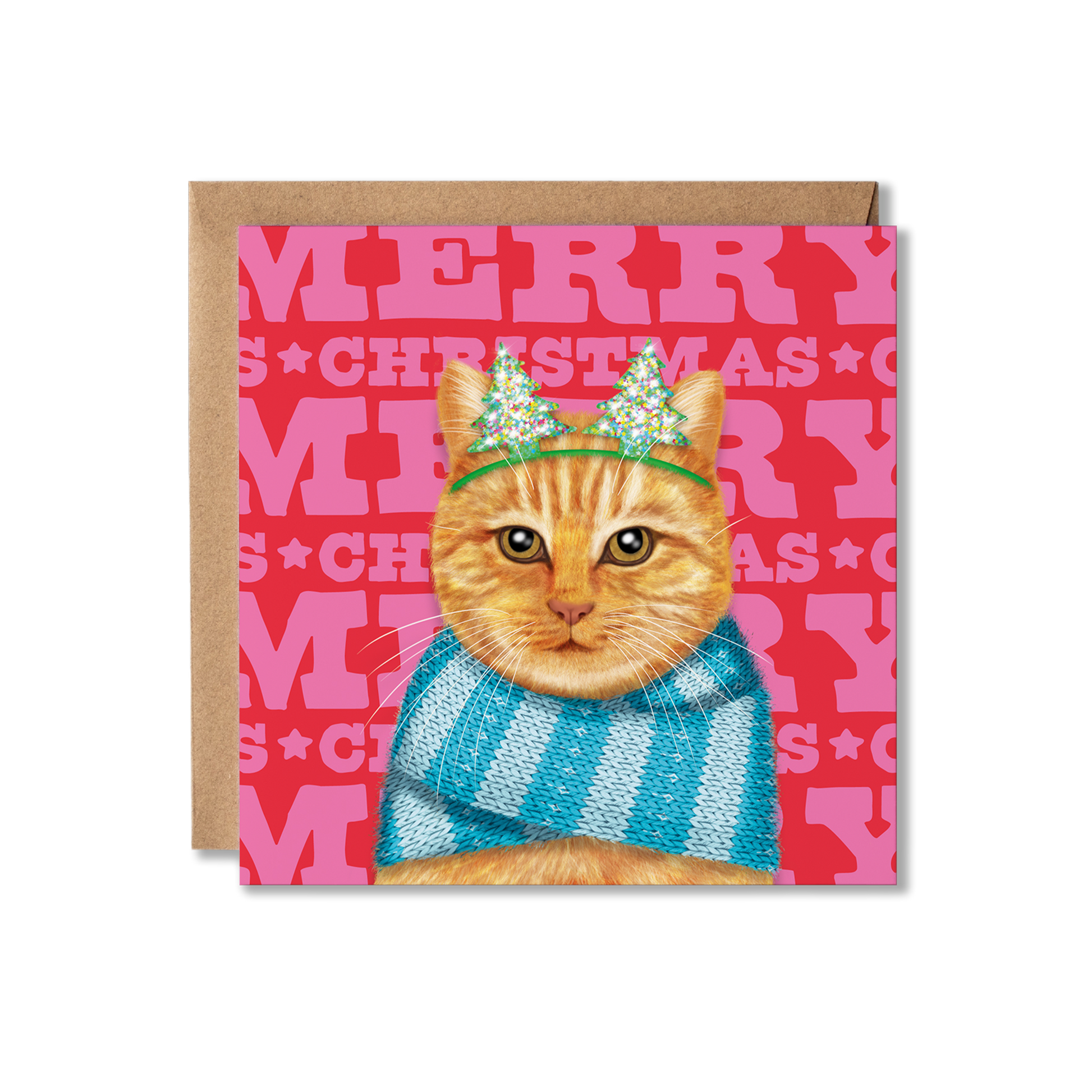 A ginger cat wearing a blue knitted scarf and Christmas tree headband with a colourful Merry Christmas background