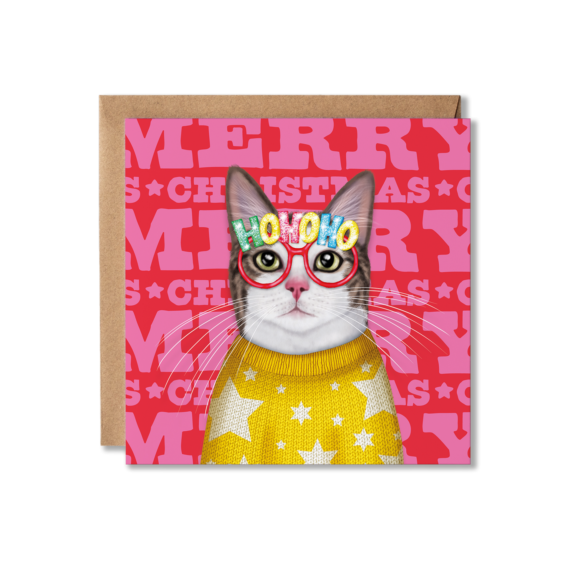 A white and grey cat wearing a yellow knitted star jumper and Ho Ho Ho glasses with a colourful Merry Christmas background